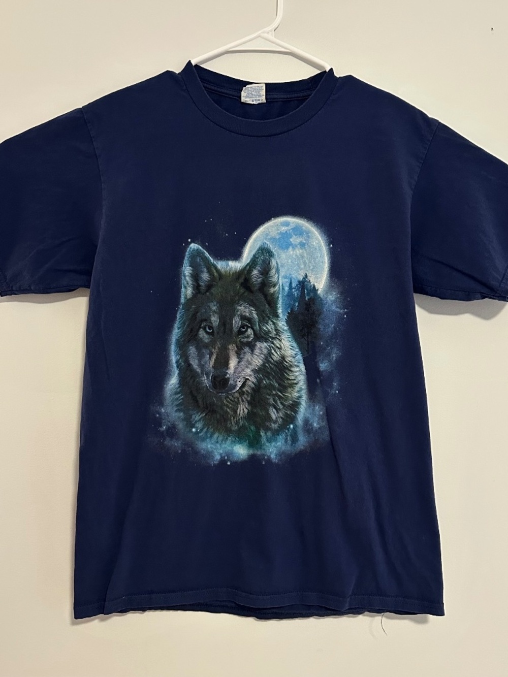 Wolf & Moon Animal Graphic Print T-Shirt Small Navy Blue Y2K Short Sleeve